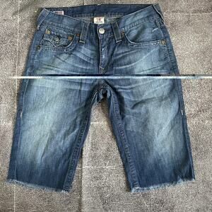 Men's True Religion USA Ricky Cut Off 15" Blue Raw Denim Jean Shorts Jorts Sz 31
